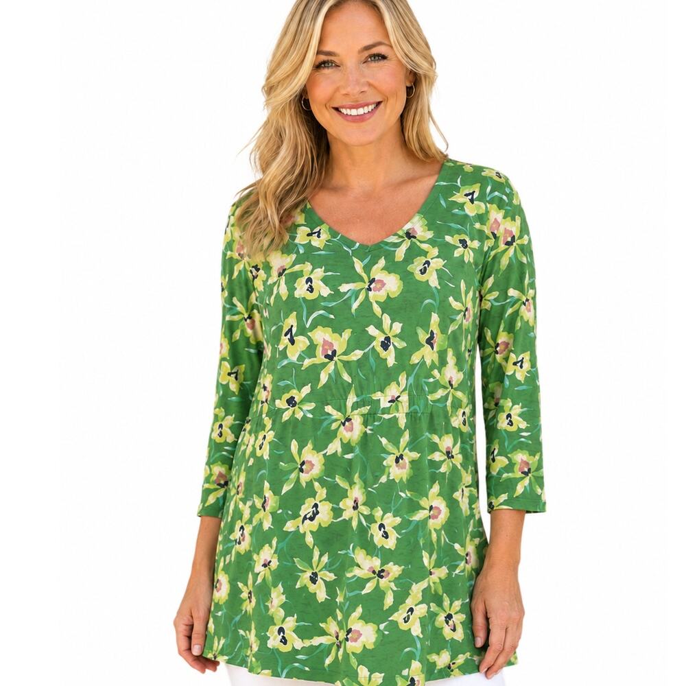 J. Jill Green Floral Tunic Womens Small V-Neck Tencel Lyocell  Cinch Waist Top